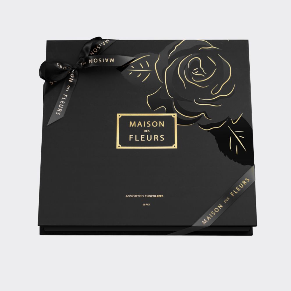 25 Pieces of Assorted Chocolates in a beautiful black and gold box.
