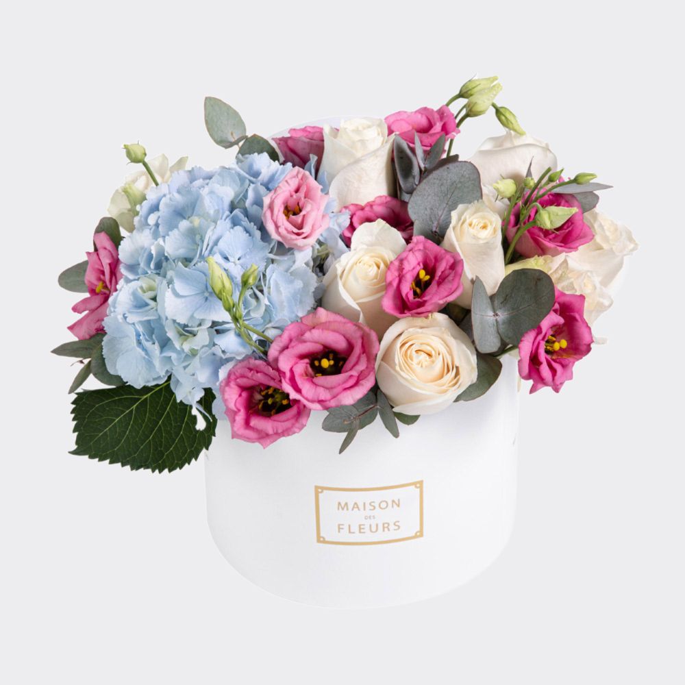 Fresh Pink & Cream Roses and Blue Hydrangeas in a Round white Box
