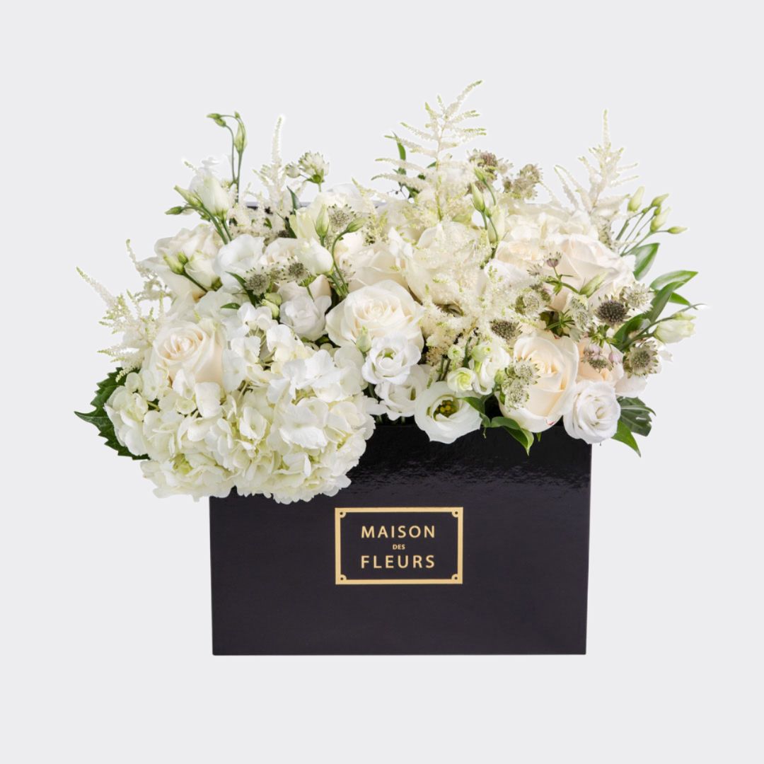 Fresh Yellow Roses and white Hydrangeas in a Square Black Box