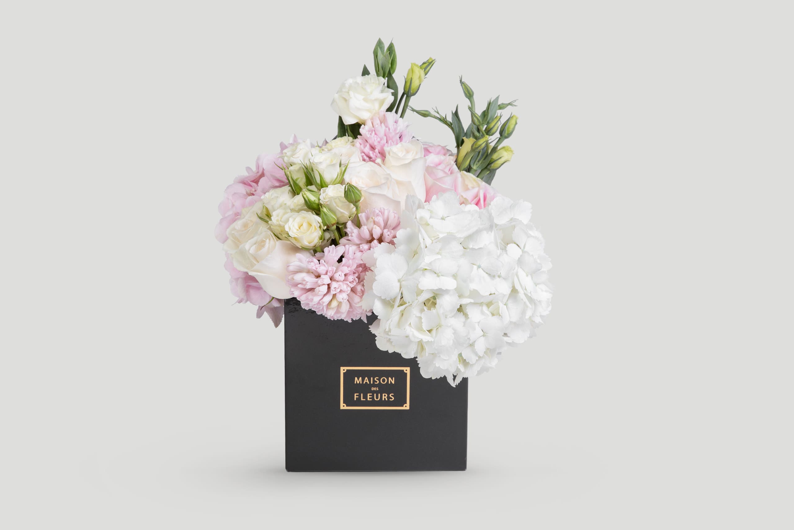 White Roses & Pink Hydrangea Flowers Arrangement in a White Square Box