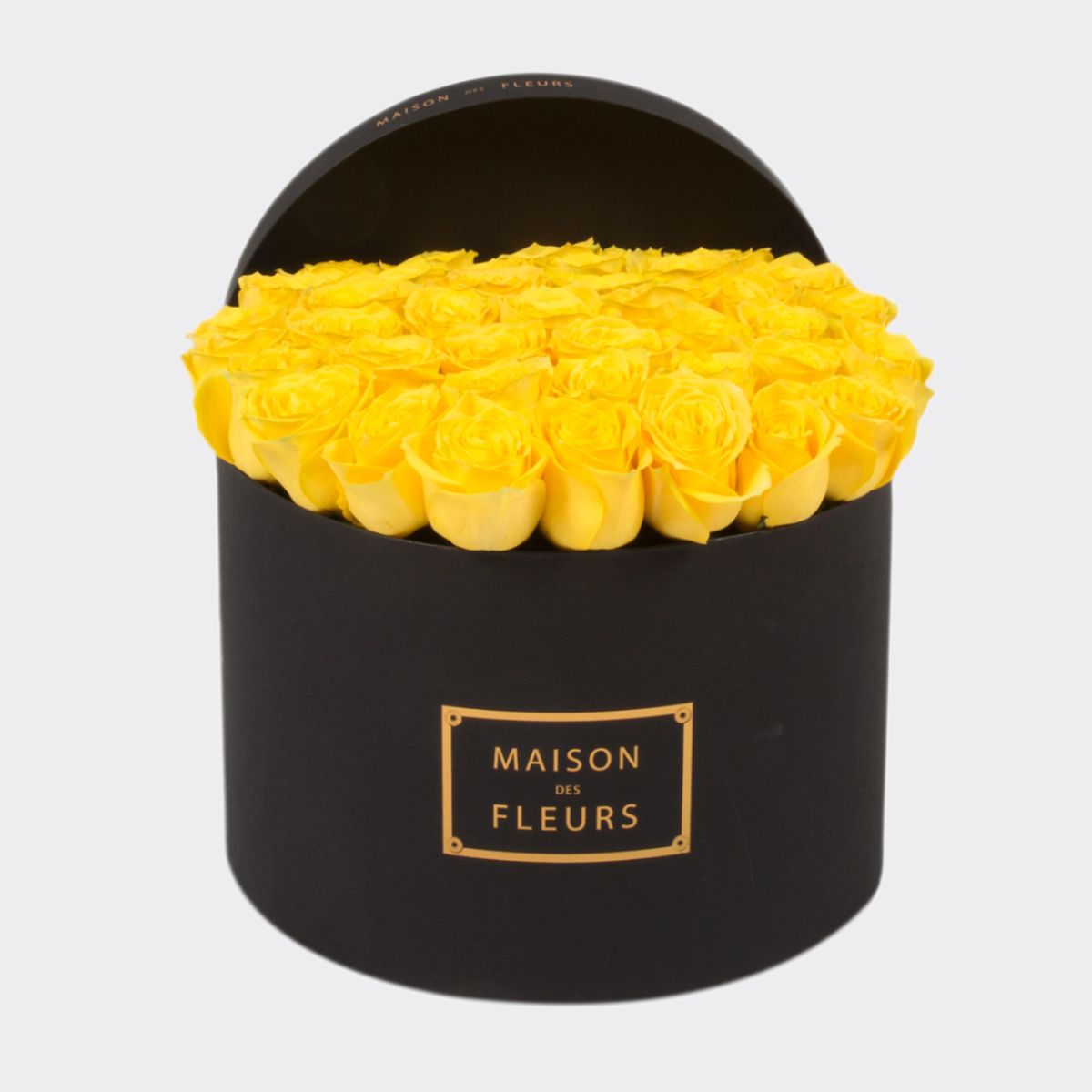 Fresh Yellow Roses in a Large Black Round Box