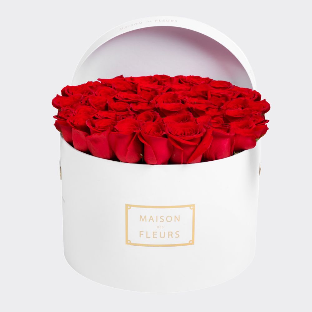 Fresh Red Roses in a Round White Box