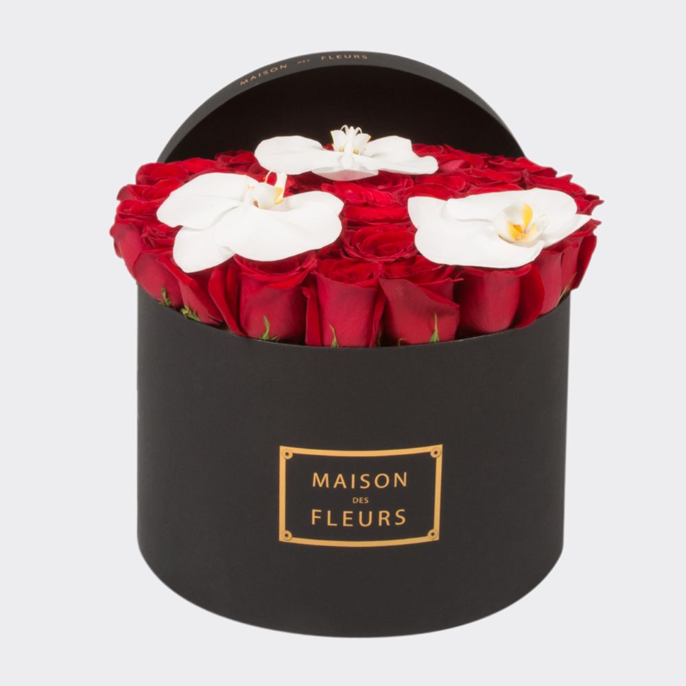 Fresh Red Roses and Orchids in a Black Round Box