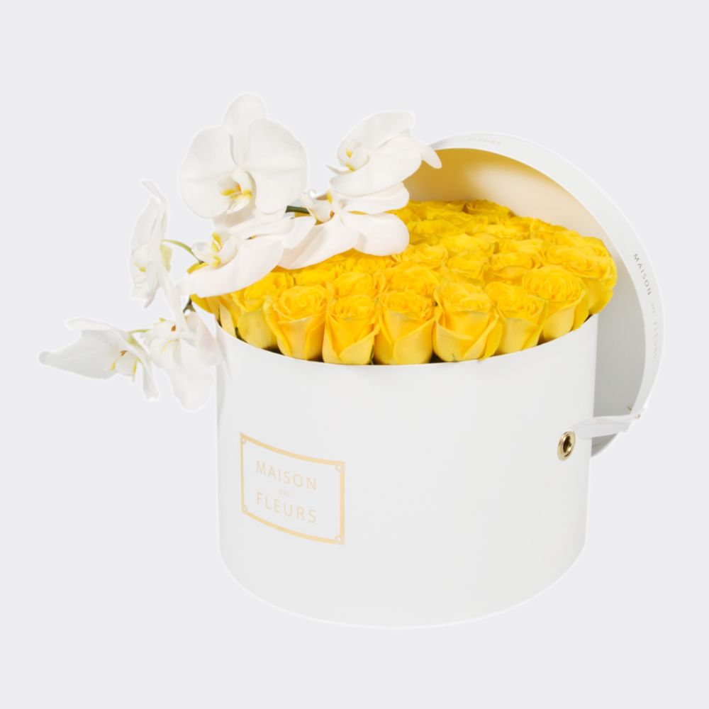 Fresh Yellow Roses and Orchids in a White Round Box