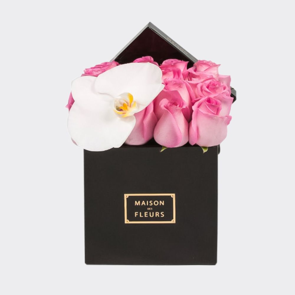 Fresh Pink Roses and Orchids in a Small Square Black Box