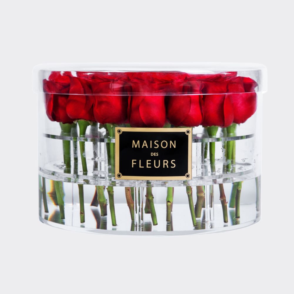 Long Life Red Roses in a Round Acrylic Box