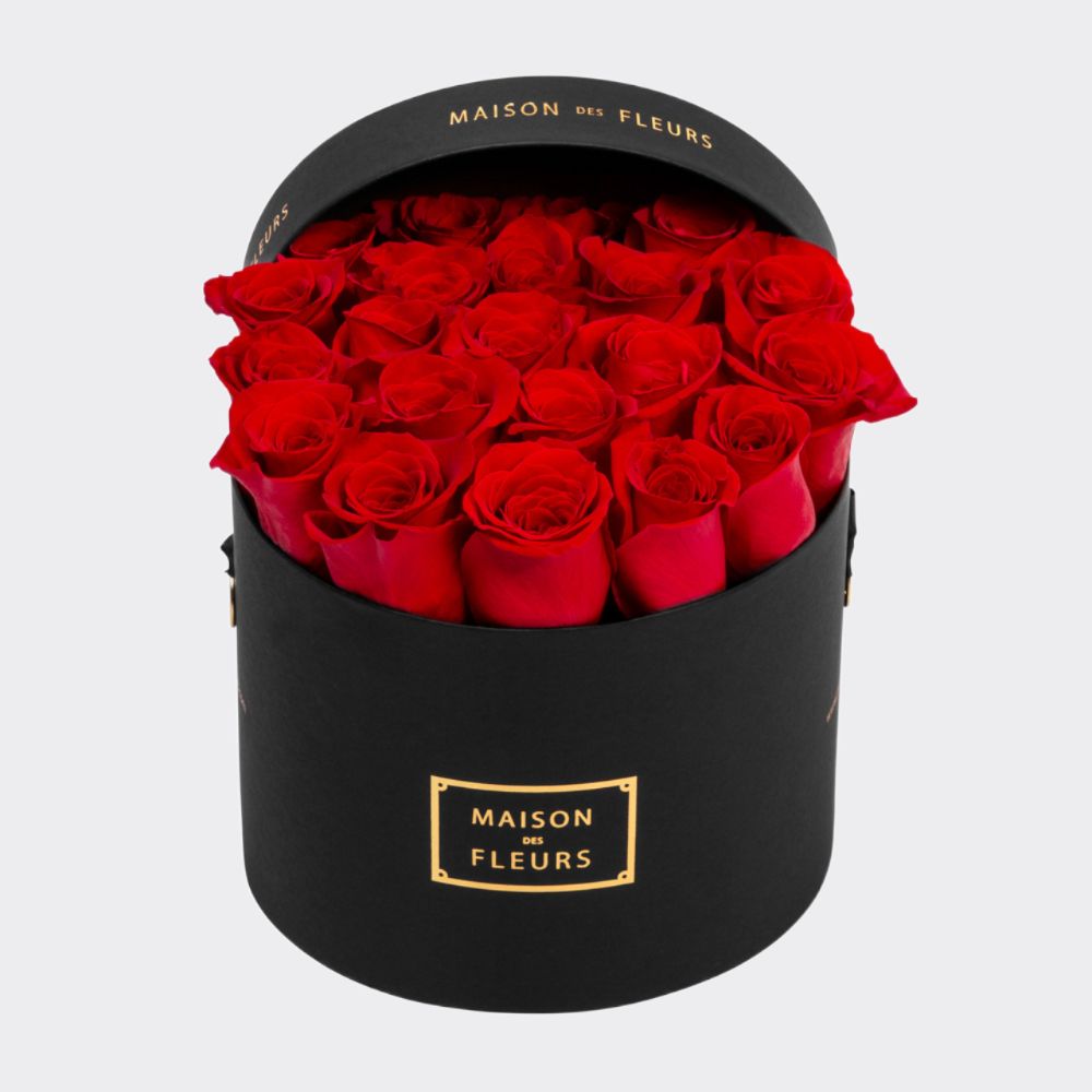 Fresh Red Roses in a Round Medium Black Box