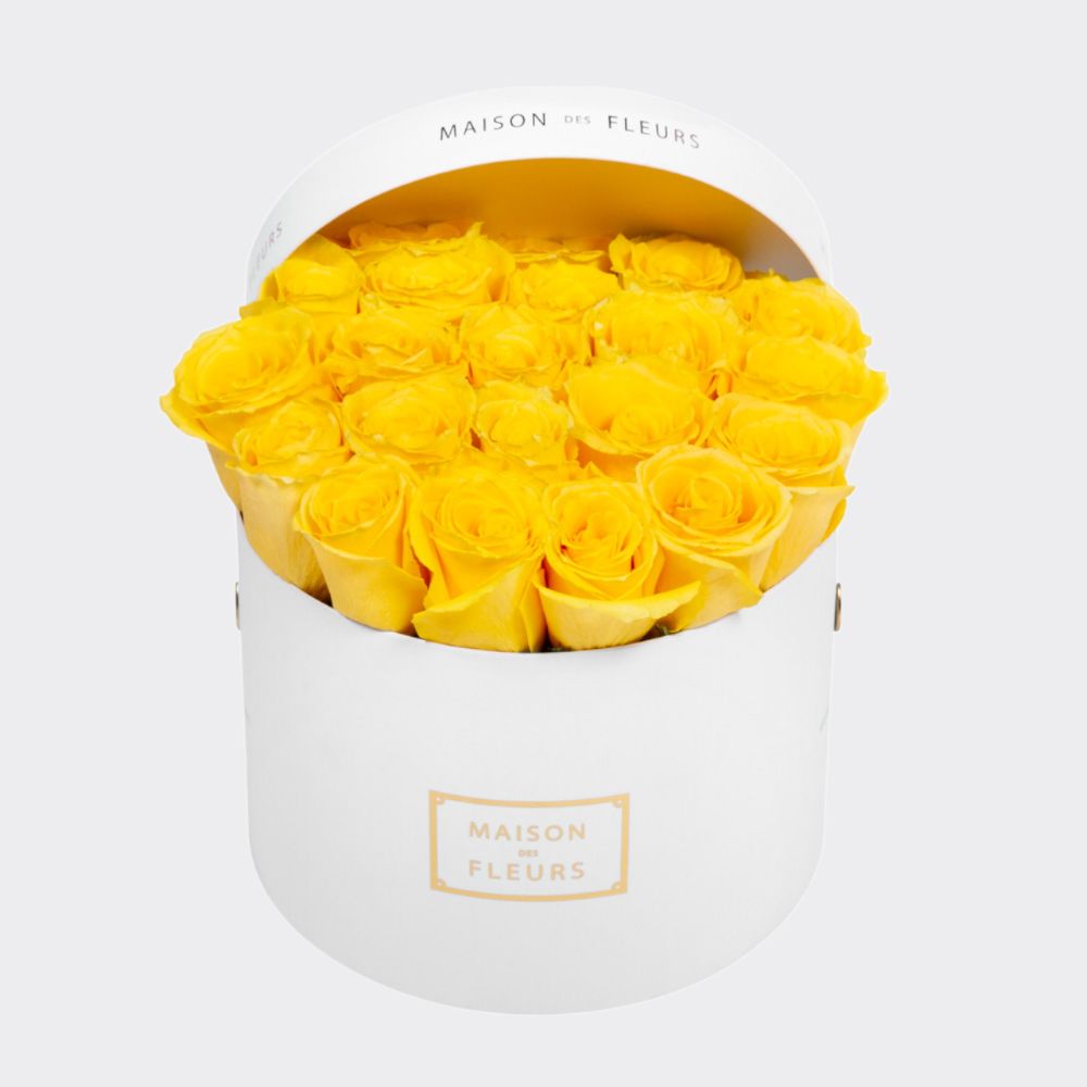 Fresh Yellow Roses in a Medium Sized White Round Box