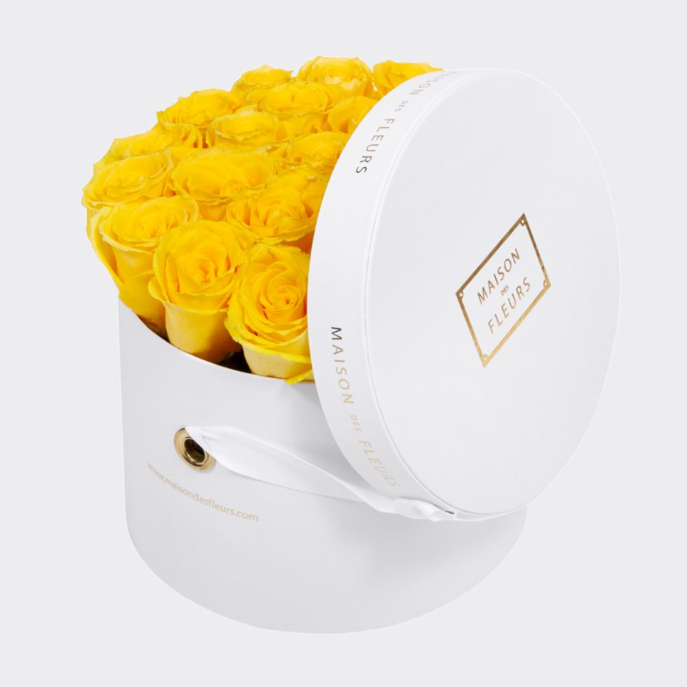 Fresh Yellow Roses in a Medium Sized White Round Box