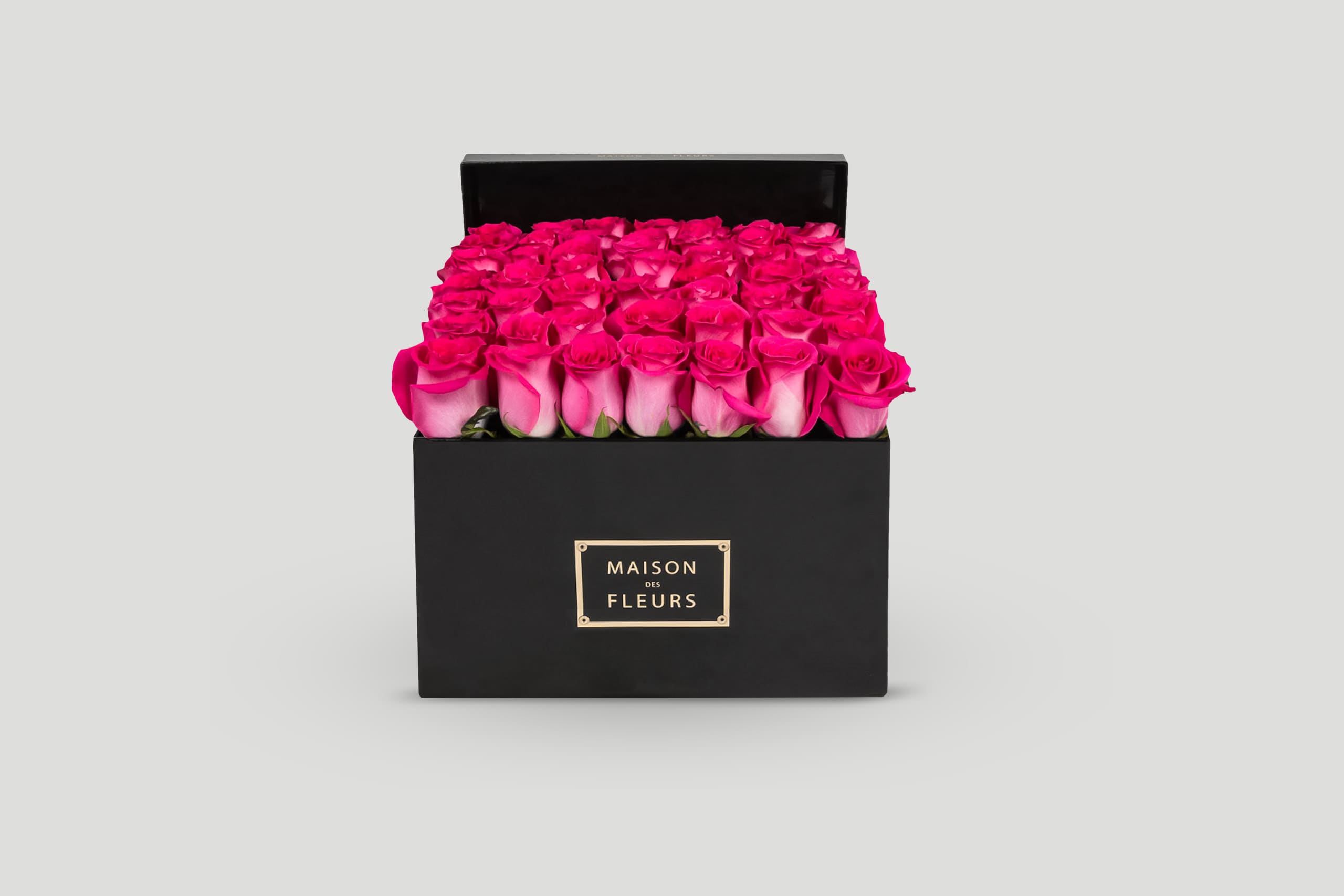 Fuschia Long Life Roses in a Large Black Box