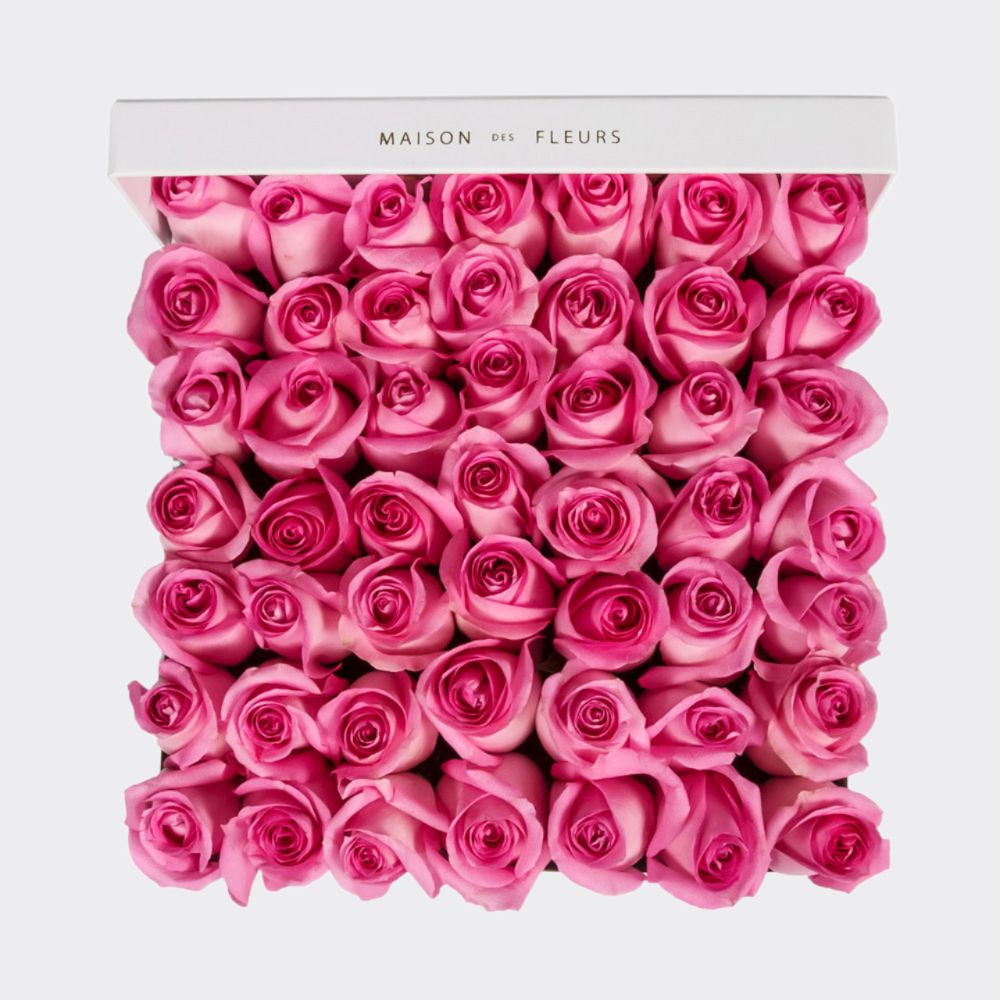 Fresh Pink Roses in a Large Square White Box