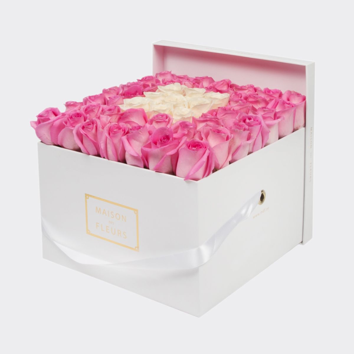 Fresh White & Pink Roses in a Large Square White Box