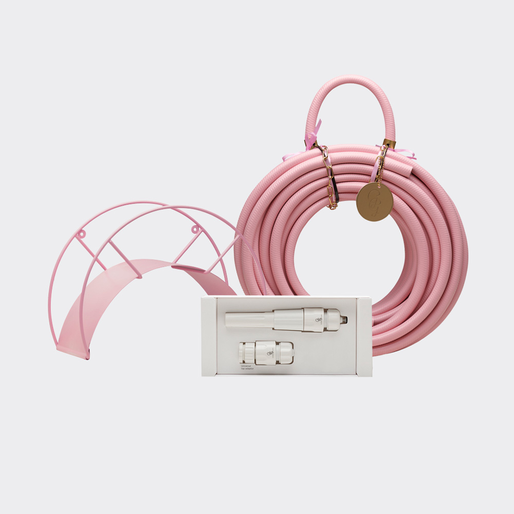 Pink Garden Hose Set with White nozzle for gardening hose
