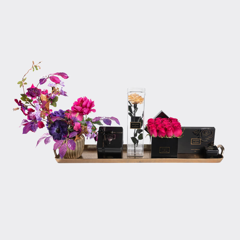 Long Life Roses + Fresh Flowers with Chocolate & Dates Gift Boxes