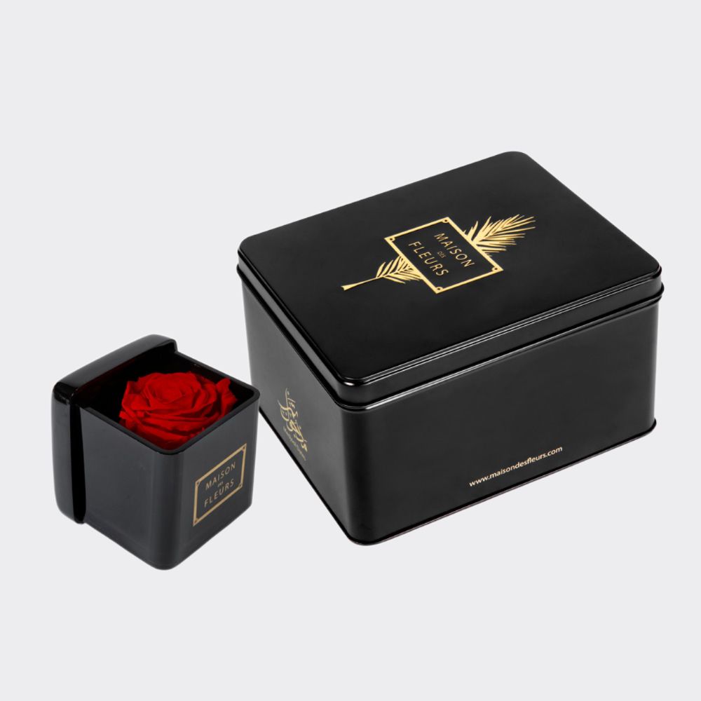 Gift set of large Medjool dates box with a single red long life rose in an 8 cm black acrylic box.