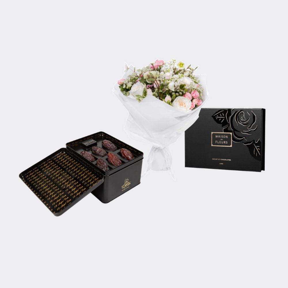 gift set of a bouquet of mixed fresh flowers, with a large box of premium Medjool dates and a box of chocolate