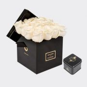 Gift set of cream roses in a square 15 cm black box, with a small Medjool dates box.