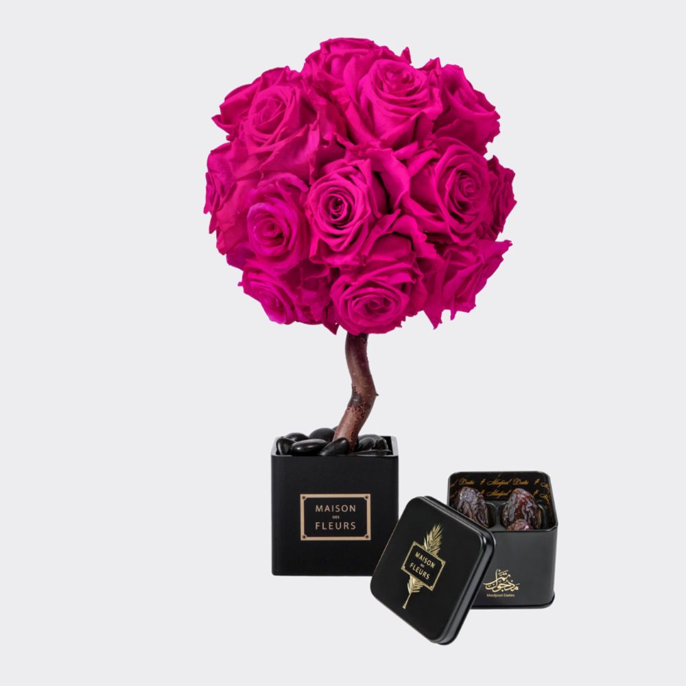 A Fuchsia long life roses topiary in an 8 cm acrylic box with a small box of dates