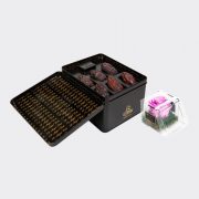 Large premium Medjool dates box with a single pink long life rose in an 8 cm clear acrylic box