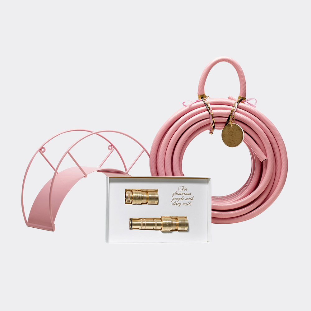 Pink Garden Hose Set with Gold nozzle for gardening hose
