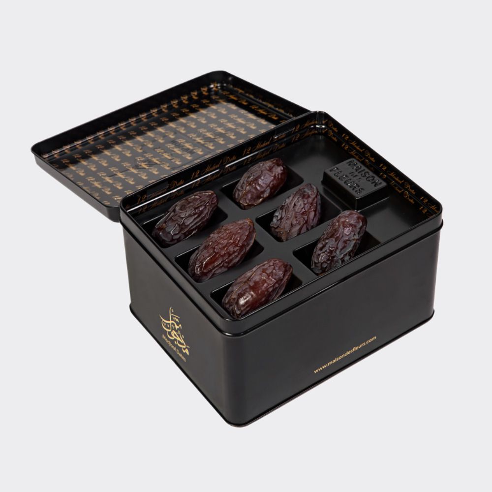 Black Tin Box containing 12 Medjool Dates