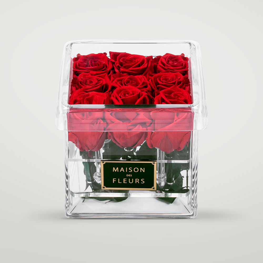 Long Life Red Roses in a Medium Square Acrylic Box