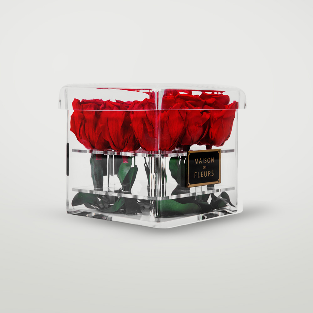 Long Life Red Roses in a Medium Square Acrylic Box