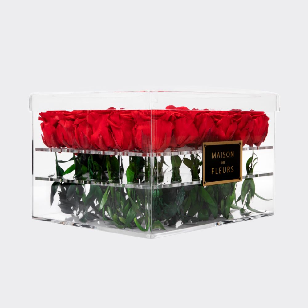 Long Life Red Roses in a Large Square Acrylic Box