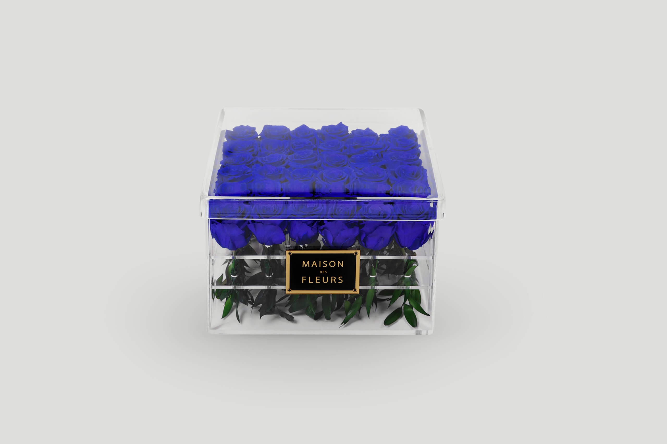 Blue Long Life Roses in An Acrylic Box