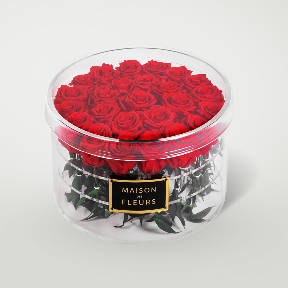 Long Life Red Roses in a Large Round Acrylic Box