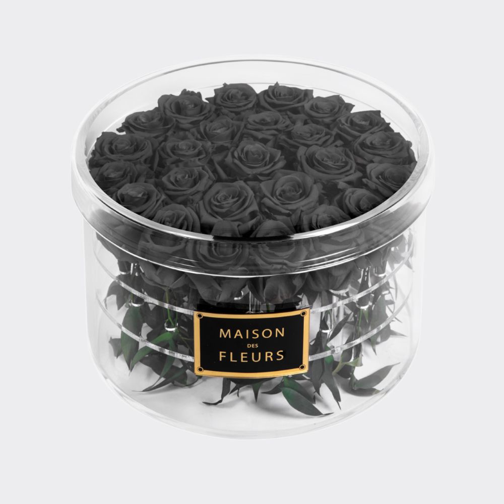 Long Life Black Roses in a Large Round Acrylic Box