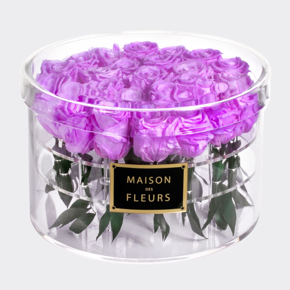 Long Life Baby Lilly Roses in a Large Round Acrylic Box