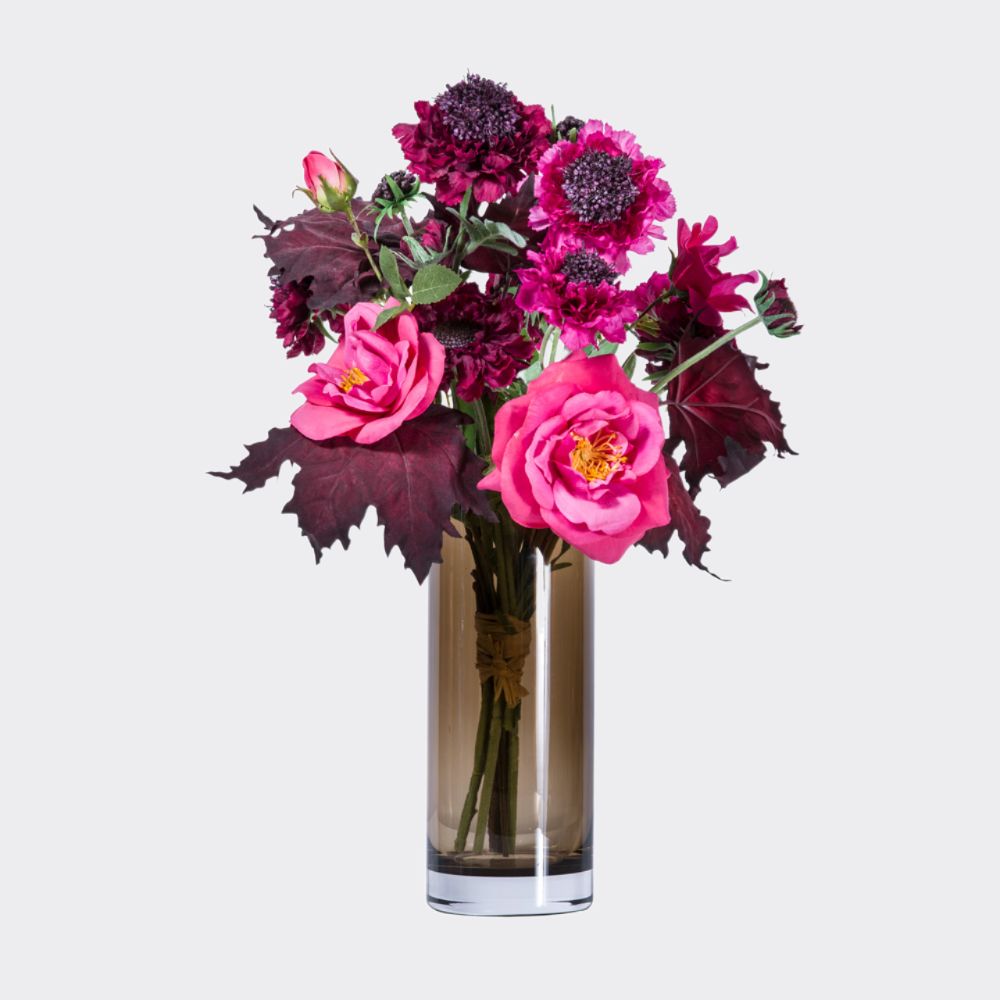 Burgundy and fuchsia faux flowers