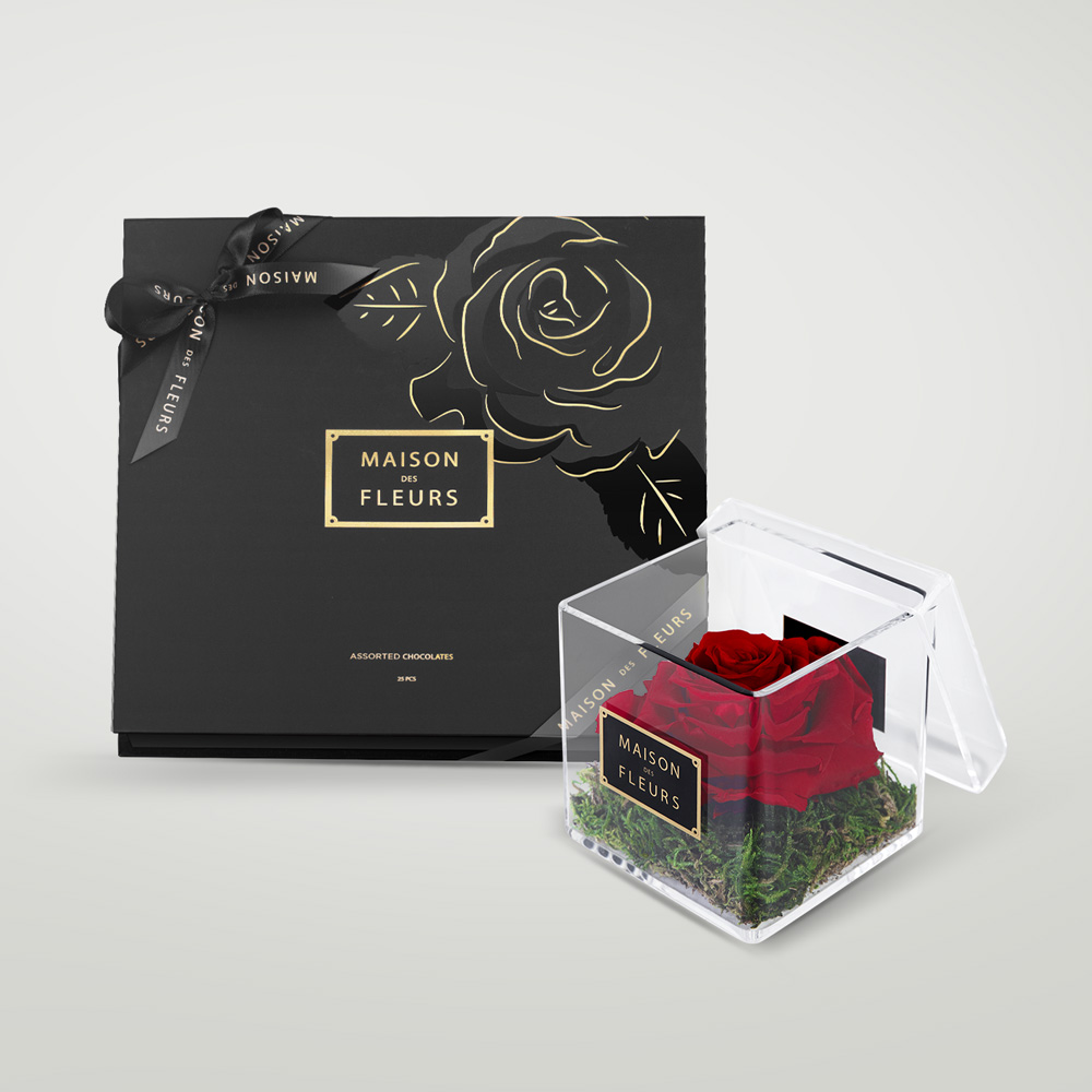 Long Life Rose in An Acrylic Box with Assorted Chocolates Box